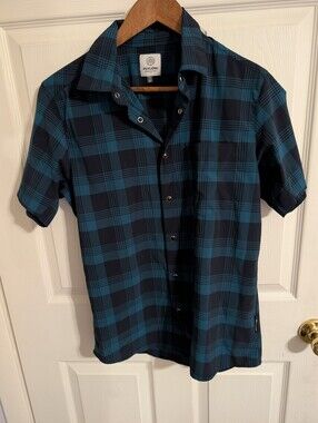 Flylow Mens Shirt Blue Plaid Snap Down Short Sleeve Top Size Small